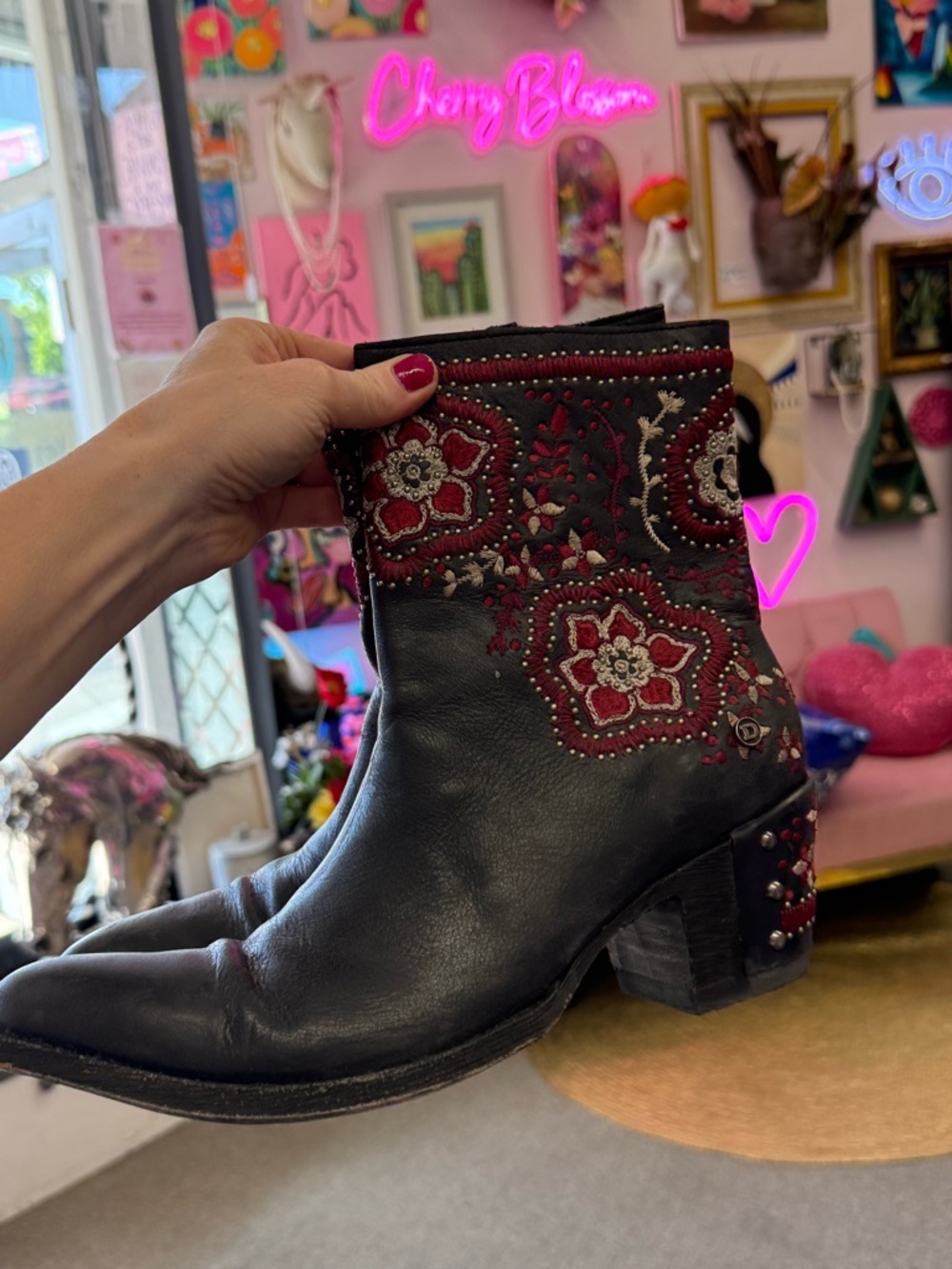 Old Gringo Navy Leather Ankle Boots with Red Floral Embroidery - Picture 10 of 10